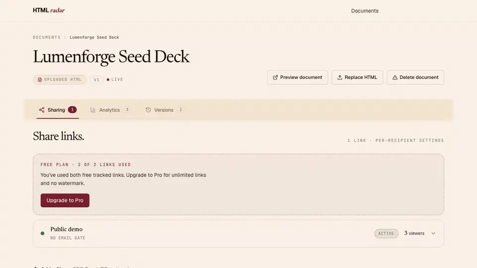 The HTMLRadar dashboard cycling through one row per viewer, time spent per section, scroll depth and first-open email