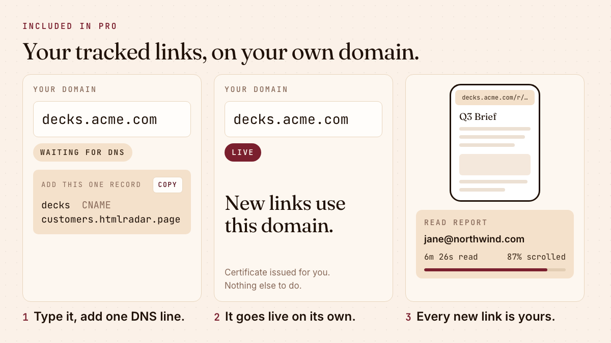 Settings showing decks.acme.com go from Waiting for DNS to Live, then a tracked link opened on that domain with its read report