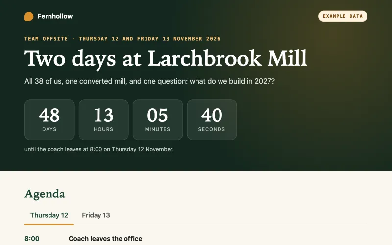 The example event plan, with a live countdown in days, hours, minutes and seconds above the agenda.