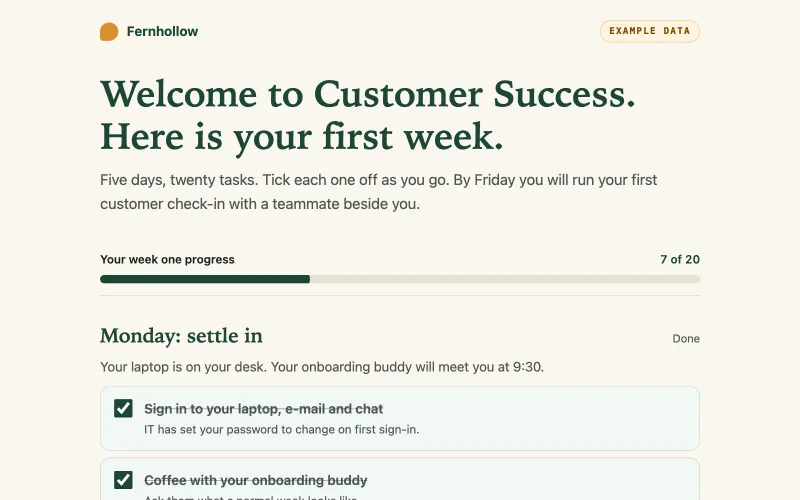 The example onboarding guide, with seven of twenty tasks ticked and the progress bar partly filled.