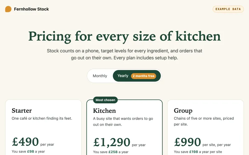 The example pricing page switched to yearly, showing three plans with their yearly prices and savings.