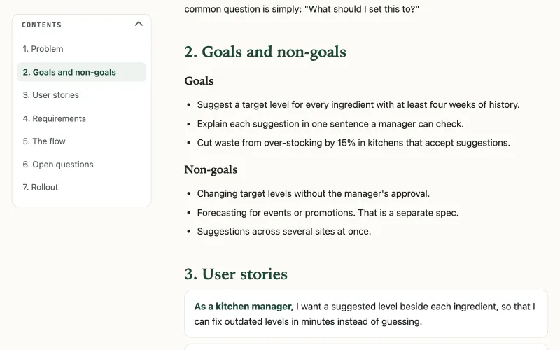 The example product spec, with the table of contents beside the text and the current section highlighted.