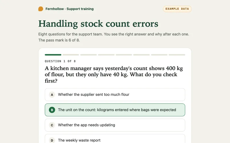 The example quiz's first question, answered correctly, with the explanation shown.