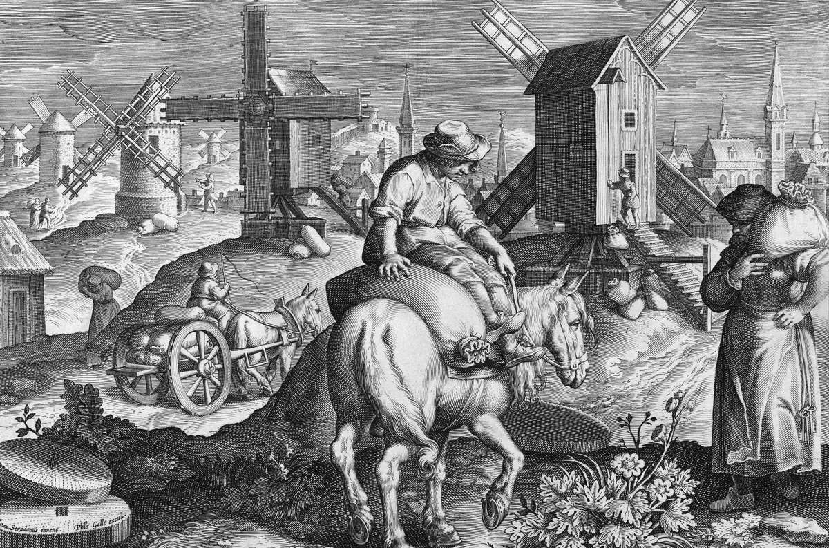 An engraved landscape of windmills turning on a hill above a town; a miller rides a horse loaded with a sack of grain, a cart carries more, and a woman walks off with her flour.