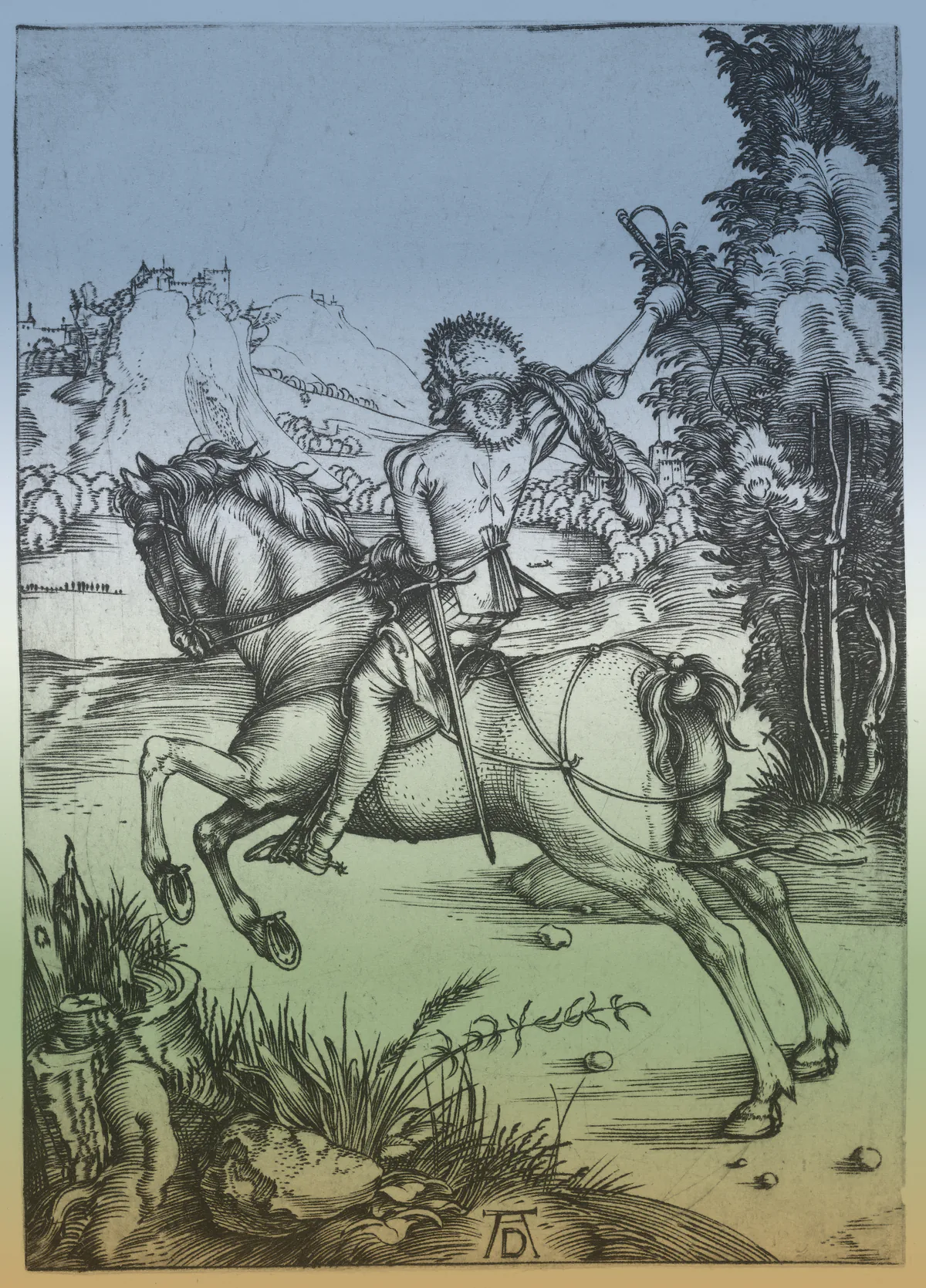An engraving of a rider at full gallop, one arm raised with a whip, his cloak streaming behind him.