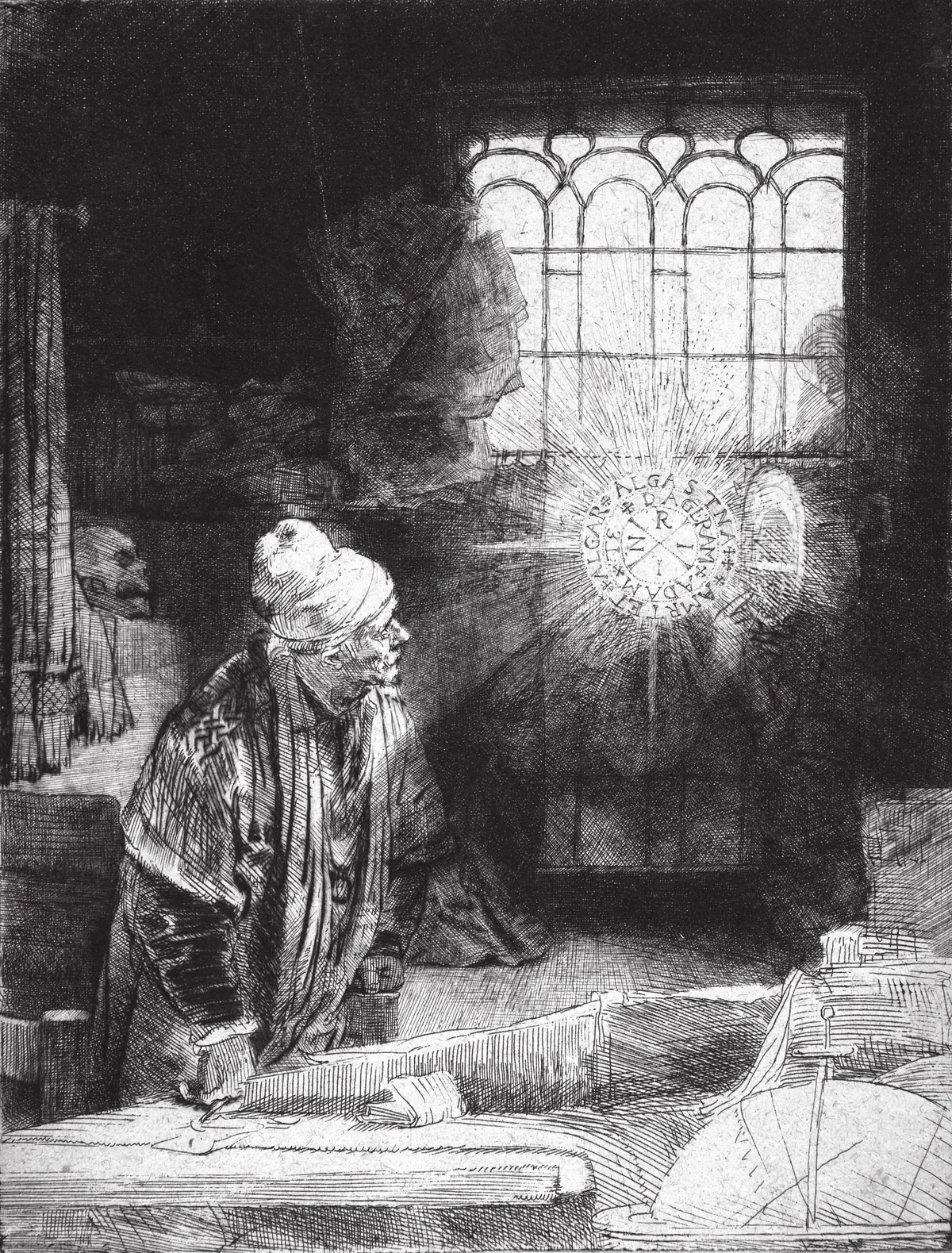 Rembrandt’s etching of a scholar in a cap standing at his desk, turned toward a disc of light lettered with signs that has appeared at his window.