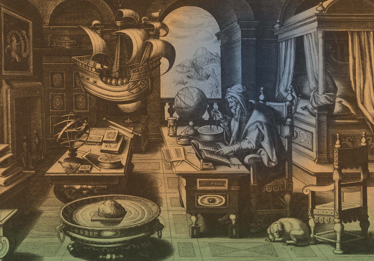 An engraved study: a scholar at his desk measures a chart with dividers beside a globe, a model sailing ship hangs from the ceiling, and a lodestone floats in a basin of water on the floor.