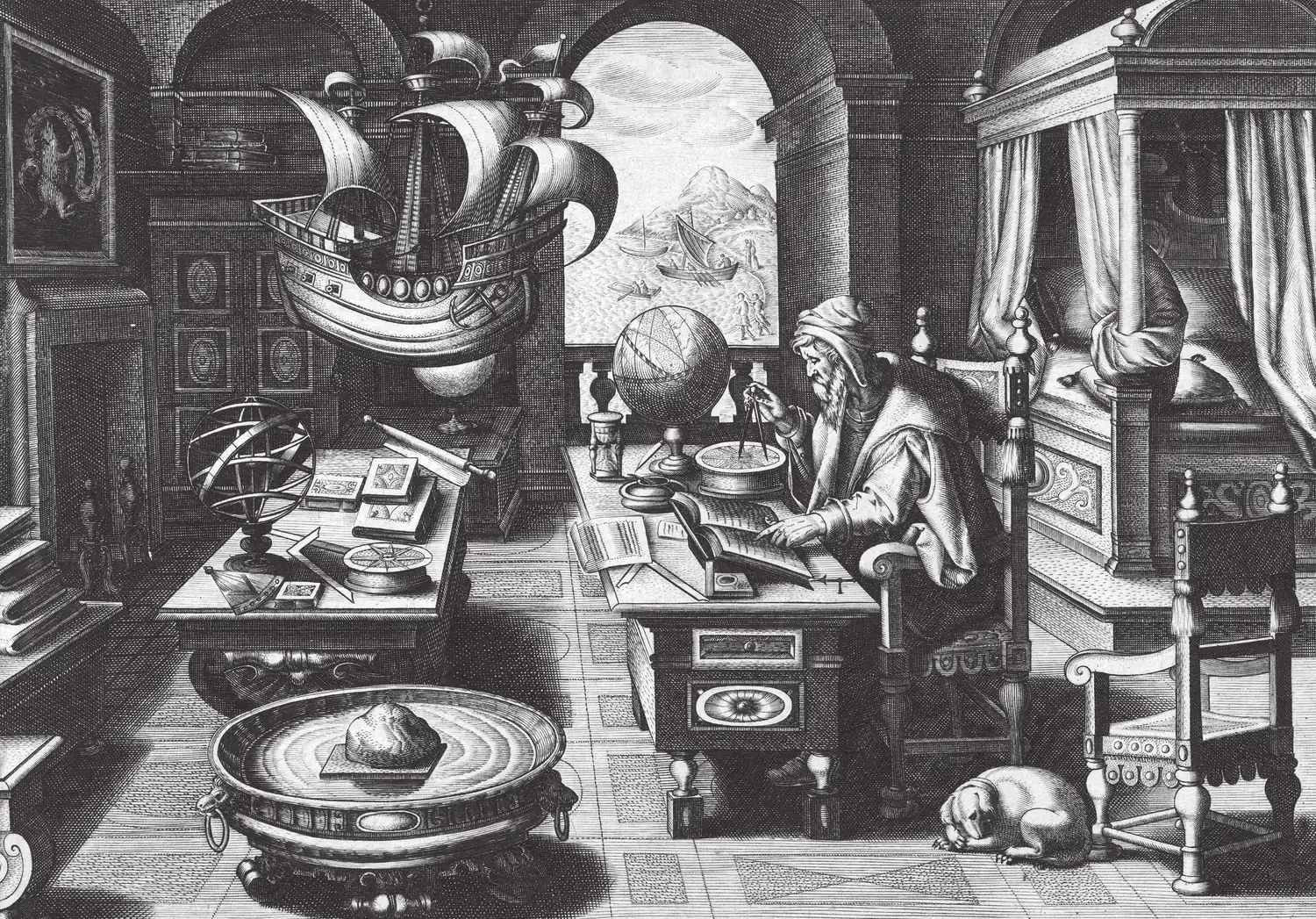 An engraved study: a scholar at his desk measures a chart with dividers beside a globe, a model sailing ship hangs from the ceiling, and a lodestone floats in a basin of water on the floor.