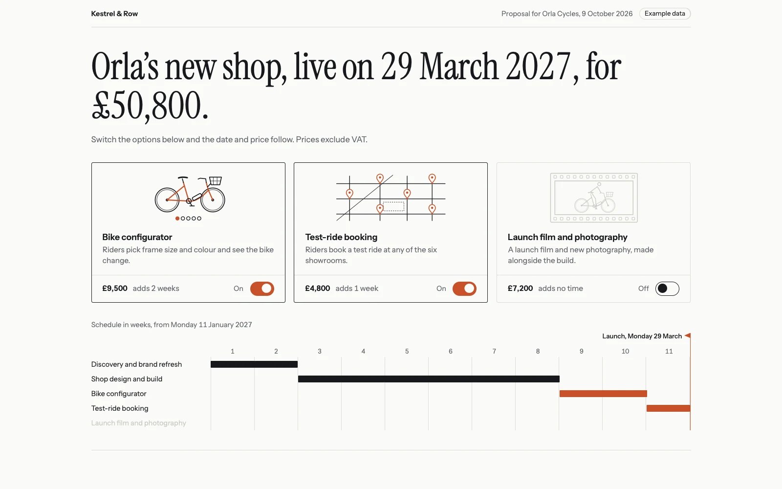 The example proposal for Orla Cycles, with two options switched on, the launch date and price in the headline, and the schedule below.