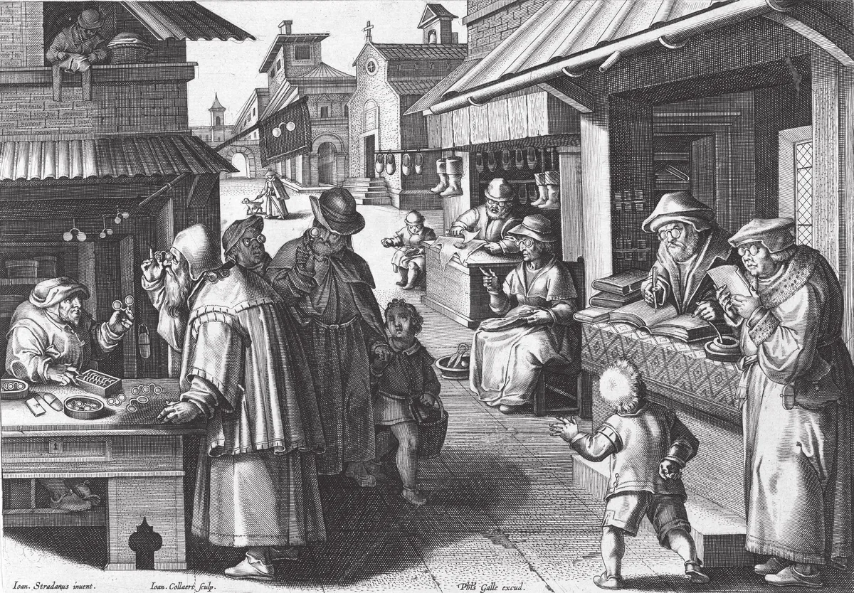 An engraved street of shops where people try on eyeglasses and read with them.