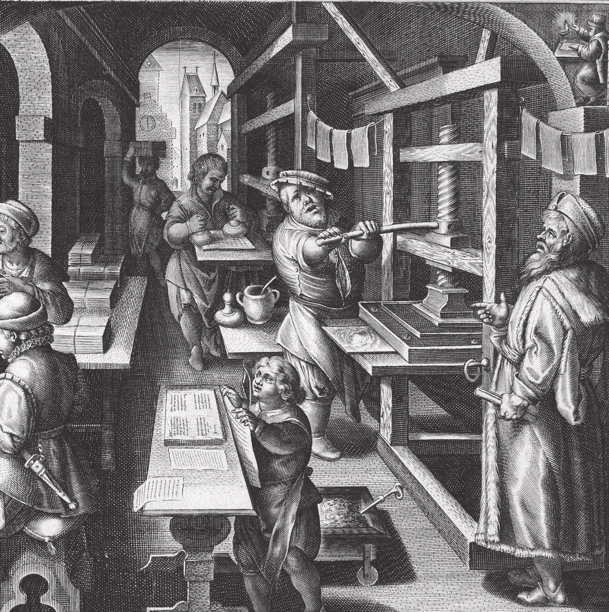 An engraved printing house: one man pulls the press, a boy checks printed sheets, others set type and carry paper, and an older man in a fur-trimmed robe watches the whole room.