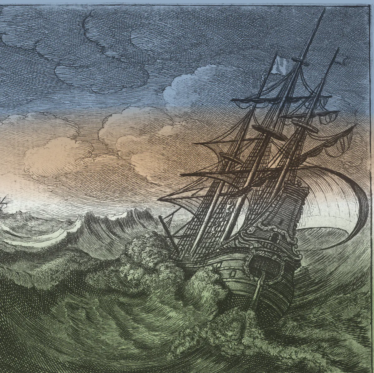 Wenceslaus Hollar’s etching of a warship tipping into the trough of a wave, other ships scattered across a rough sea.